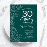 Blauwgroen Groene Floral 30th Birthday Party Kaart<br><div class="desc">Green Floral 30th Birthday Party nodigt uit. Minimalistisch modern ontwerp met botanische contouren en lettertype typografiescript. Eenvoudige trendy nodigt een perfecte kaart uit voor een stijlvolle feestdag in het vrouw. Kan op elke leeftijd worden aangepast. Uitnodigingen op Zazzle afdrukken of sjabloon voor digitaal afdrukken direct downloaden.</div>