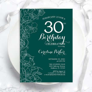 Blauwgroen Groene Floral 30th Birthday Party Kaart