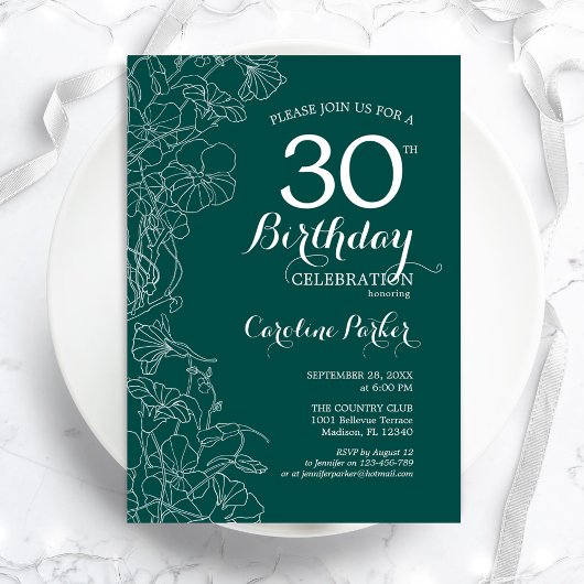 Blauwgroen Groene Floral 30th Birthday Party Kaart