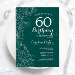 Blauwgroen Groene Floral 60th Birthday Party Kaart<br><div class="desc">Green Floral 60th Birthday Party Invitation. Minimalistisch modern ontwerp met botanische contouren en lettertype typografiescript. Eenvoudige trendy nodigt een perfecte kaart uit voor een stijlvolle feestdag in het vrouw. Kan op elke leeftijd worden aangepast. Uitnodigingen op Zazzle afdrukken of sjabloon voor digitaal afdrukken direct downloaden.</div>