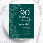 Blauwgroen Groene Floral 90th Birthday Party Kaart<br><div class="desc">Green Floral 90th Birthday Party nodigt uit. Minimalistisch modern ontwerp met botanische contouren en lettertype typografiescript. Eenvoudige trendy nodigt een perfecte kaart uit voor een stijlvolle feestdag in het vrouw. Kan op elke leeftijd worden aangepast. Uitnodigingen op Zazzle afdrukken of sjabloon voor digitaal afdrukken direct downloaden.</div>