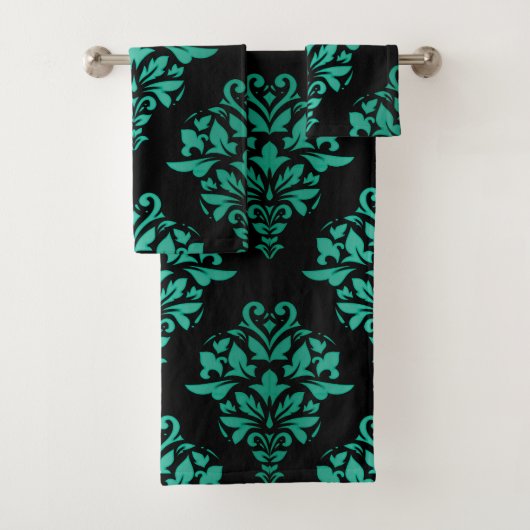 Blauwgroen groene "Floral Damask Towel Set" Bad Handdoek (Insitu)