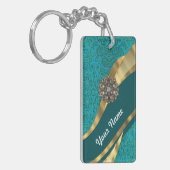 Blauwgroen groene florale damast sleutelhanger (Voorkant Links)