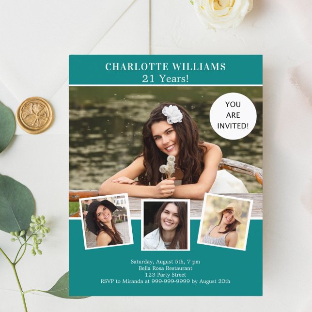 Blauwgroen groene fotocollage verjaardagsuitnodigi (Creator heeft geüpload)