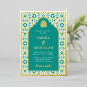 Blauwgroen Groene Geometrische Islamitische Moslim Folie Uitnodiging (Staand Voorkant)