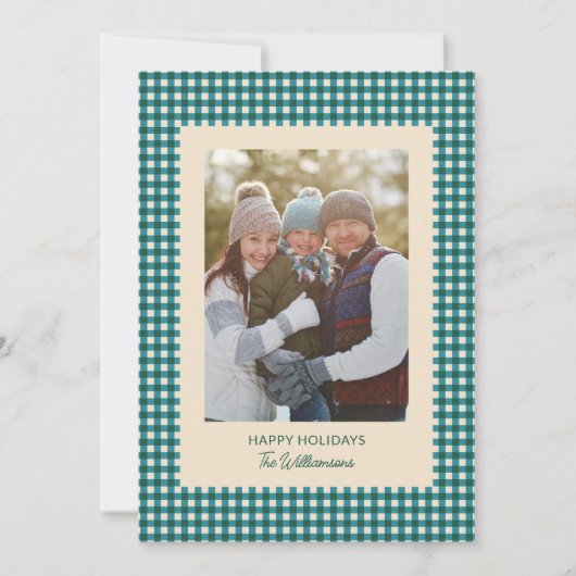 Blauwgroen Groene Gingham Plaid Vakantiefoto Kerst Feestdagenkaart (Voorkant)