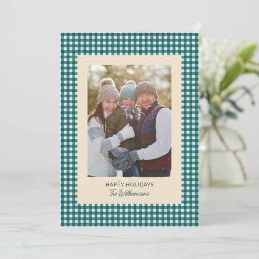 Blauwgroen Groene Gingham Plaid Vakantiefoto Kerst Feestdagenkaart (Staand voorkant)