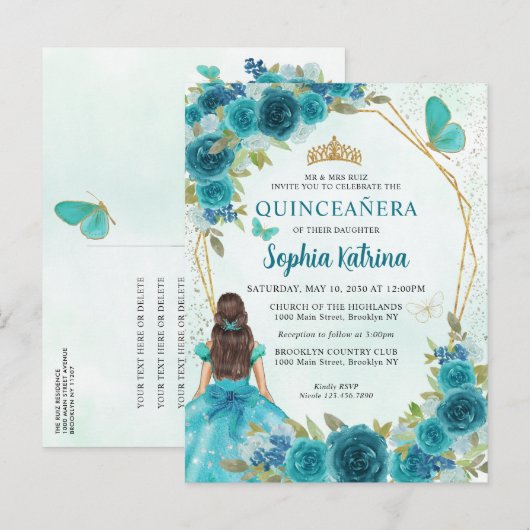 Blauwgroen groene glam Gold Floral Princess Quince Uitnodiging Briefkaart (Voorkant / Achterkant)
