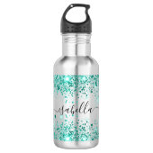 Blauwgroen groene glitter naam script meisje waterfles  (Voorkant)