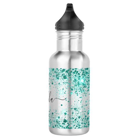 Blauwgroen groene glitter naam script meisje waterfles  (Rechts)