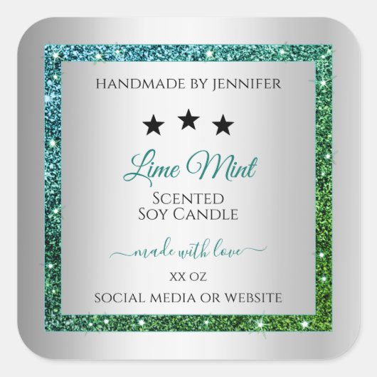 Blauwgroen groene Glitter Silver Product Packaging Vierkante Sticker (Voorkant)