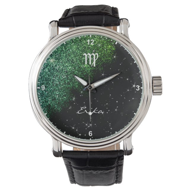 Blauwgroen groene glitter-sterren naam voor viremd horloge (Voorkant)
