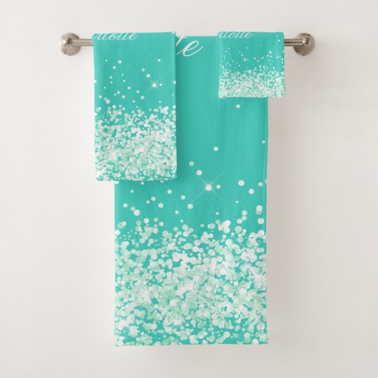 Blauwgroen groene glitter-stofnaambadhanddoekset bad handdoek (Insitu)