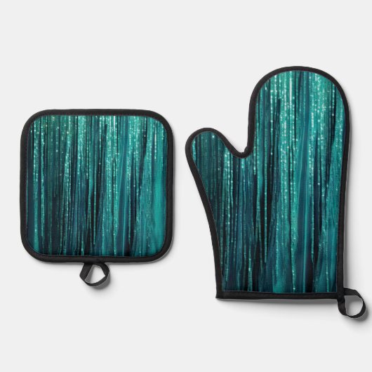Blauwgroen Groene Glitzy Glam Tinsel Stripes Ovenwant & Pannenlap Set (Voorkant)