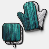 Blauwgroen Groene Glitzy Glam Tinsel Stripes Ovenwant & Pannenlap Set (Voorkant / Achterkant)