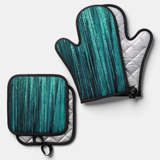 Blauwgroen Groene Glitzy Glam Tinsel Stripes Ovenwant & Pannenlap Set (Voorkant / Achterkant)
