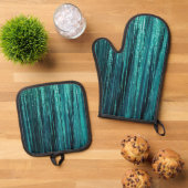 Blauwgroen Groene Glitzy Glam Tinsel Stripes Ovenwant & Pannenlap Set (Top down)