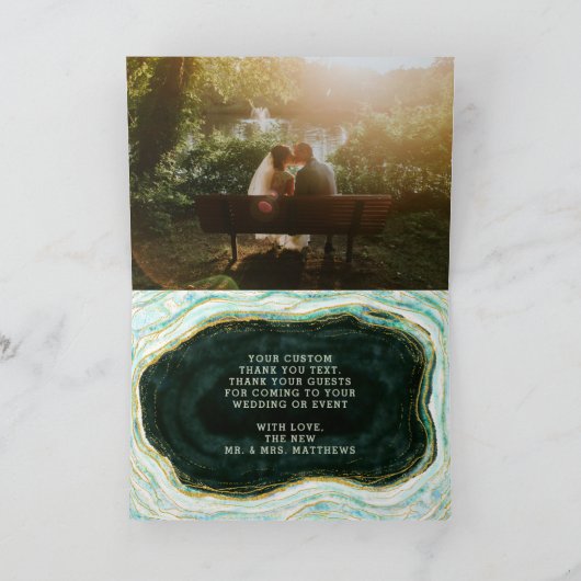 Blauwgroen Groene & Gouden Agaat Aangepaste Huweli Bedankkaart (Binnen)