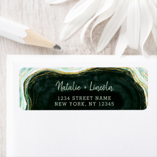 Blauwgroen Groene & Gouden Agaat Bruiloft Retourad Etiket (Insitu)