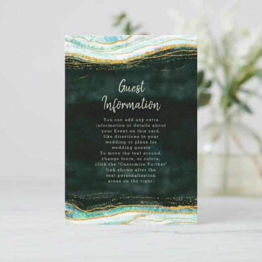 Blauwgroen Groene & Gouden Agaat Marmer Bruiloft I Informatiekaartje (Staand voorkant)