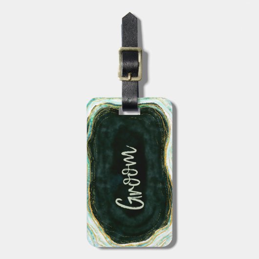 Blauwgroen groene & gouden agaat marmeren bruidego bagagelabel (Voorkant verticaal)