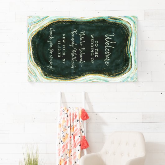 Blauwgroen Groene & Gouden Agaat Marmeren Bruiloft Spandoek (Insitu)