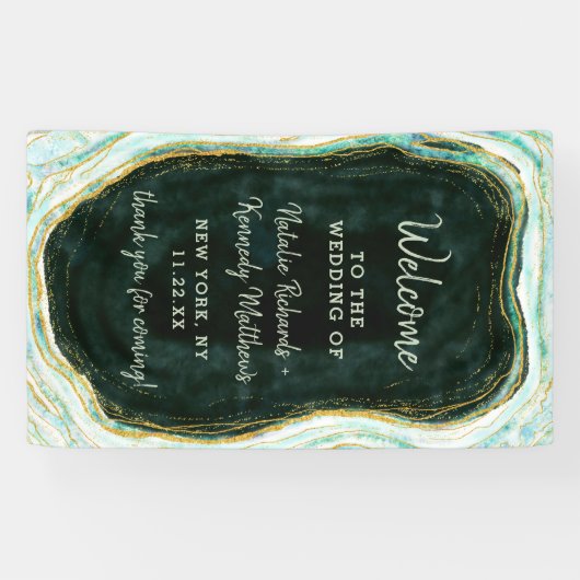 Blauwgroen Groene & Gouden Agaat Marmeren Bruiloft Spandoek (Horizontaal)