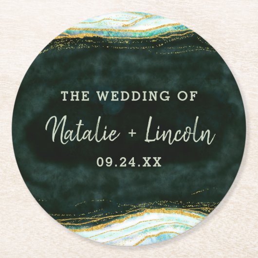 Blauwgroen Groene & Gouden Agaat Marmeren Geode Mo Ronde Kartonnen Onderzetter (Voorkant)