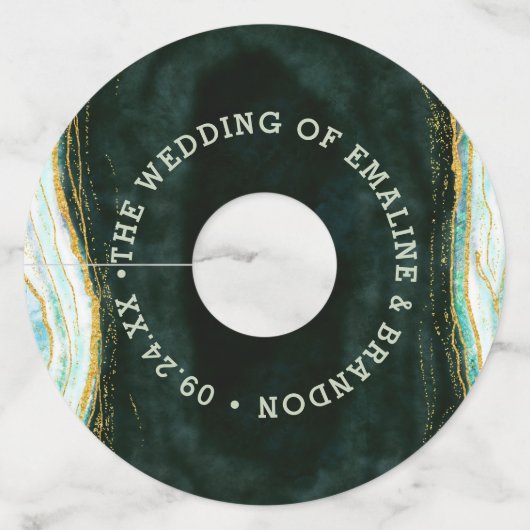 Blauwgroen Groene & Gouden Agaat Marmeren Geode Ro Wijnglaslabel (Voorkant)