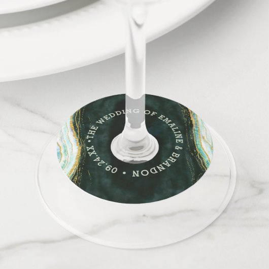 Blauwgroen Groene & Gouden Agaat Marmeren Geode Ro Wijnglaslabel (Dichtbij)