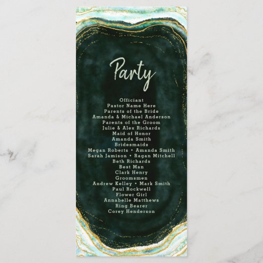 Blauwgroen Groene & Gouden Agaat Marmeren huwelijk Programmakaart (Achterkant)