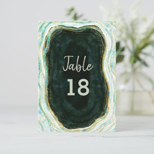 Blauwgroen Groene & Gouden Agaat Trouwtafel Nummer Kaart (Staand voorkant)