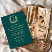 Blauwgroen Groene Gouden Bladerige Crest Foto Wedd Folie Uitnodiging