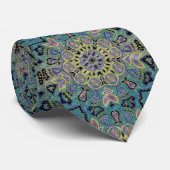 Blauwgroen Groene Gouden Paarse Pentagram Mandala Stropdas (Opgerold)