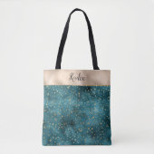 Blauwgroen groene gouden sterren tote bag (Voorkant)