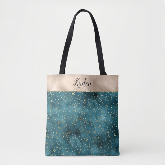 Blauwgroen groene gouden sterren tote bag (Voorkant)