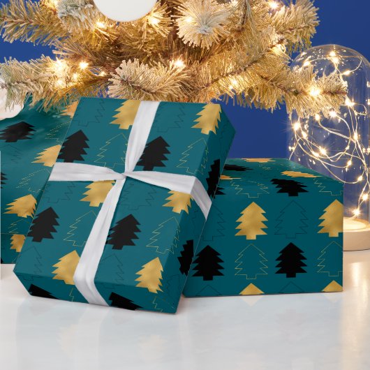 Blauwgroen groene gouden zwarte kerstbomen cadeaupapier (Feestdagen)