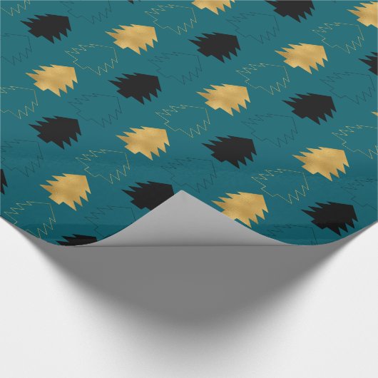 Blauwgroen groene gouden zwarte kerstbomen cadeaupapier (Hoek)