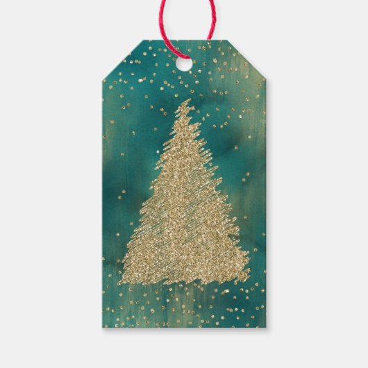 Blauwgroen groene goudglitter - kerstboom cadeaulabel (Voorkant)