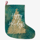 Blauwgroen groene goudglitter - kerstboom grote kerstsok (Voorkant)