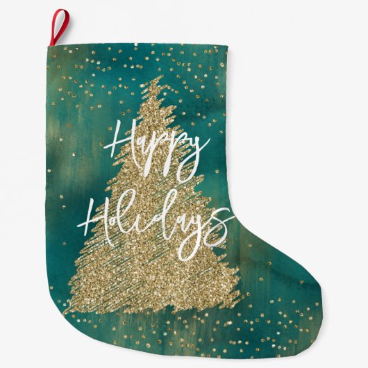 Blauwgroen groene goudglitter - kerstboom grote kerstsok (Voorkant)