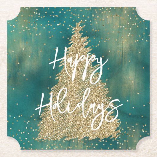 Blauwgroen groene goudglitter - kerstboom kartonnen onderzetters (Voorkant)