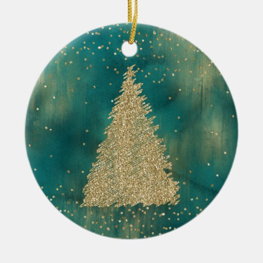 Blauwgroen groene goudglitter-kerstboom keramisch ornament (Voorkant)