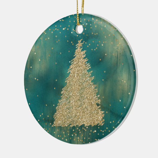 Blauwgroen groene goudglitter-kerstboom keramisch ornament (Links)