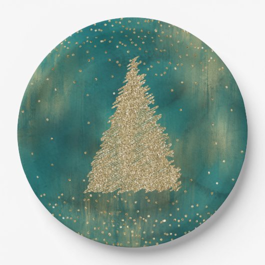 Blauwgroen groene goudglitter - kerstboom   papieren bordje (Voorkant)