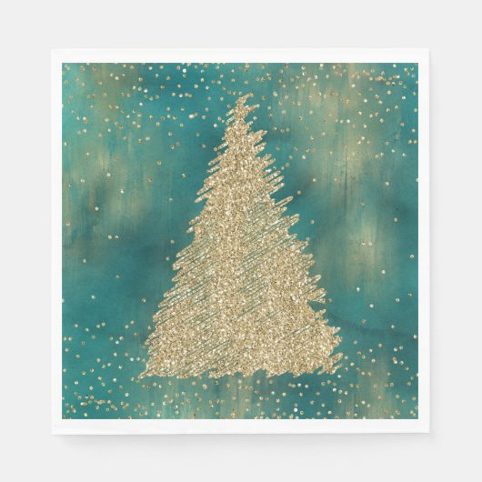 Blauwgroen groene goudglitter - kerstboom servet (Voorkant)