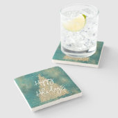 Blauwgroen groene goudglitter - kerstboom stenen onderzetter (Zijkant)