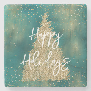 Blauwgroen groene goudglitter - kerstboom stenen onderzetter