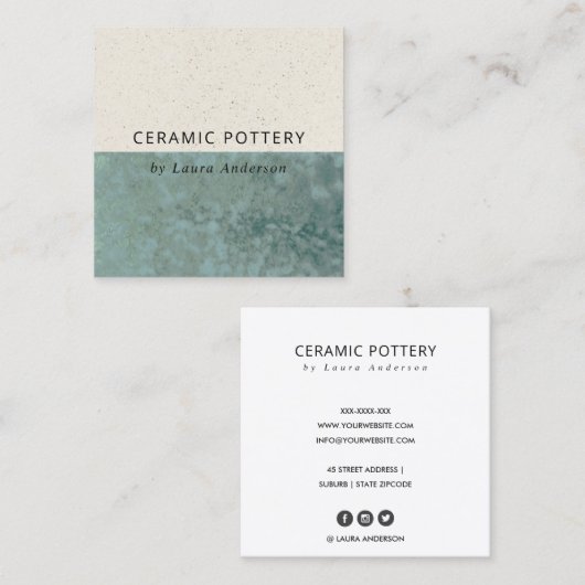 BLAUWGROEN GROENE KERAMISCHE POTTERY GLAZED SPECKL VIERKANTE VISITEKAARTJE (Voorkant / Achterkant)