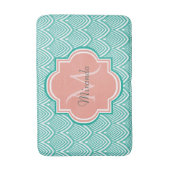 Blauwgroen groene kunst deco vis roze monogram naa badmat (Voorkant Verticaal)